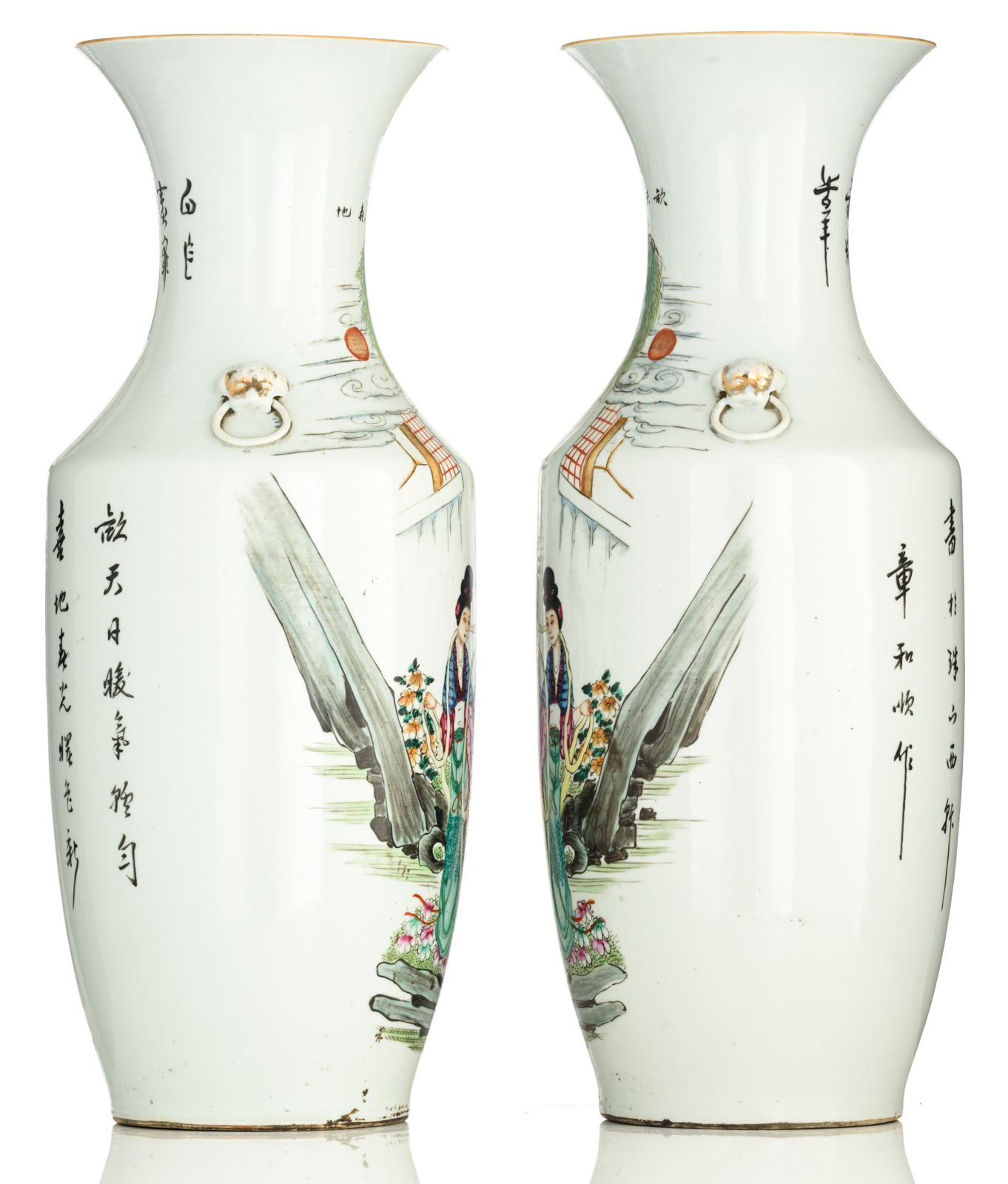 A pair of Chinese famille rose vases, decorated with an animated scene, 19thC, H 57,5 cm - Image 2 of 6