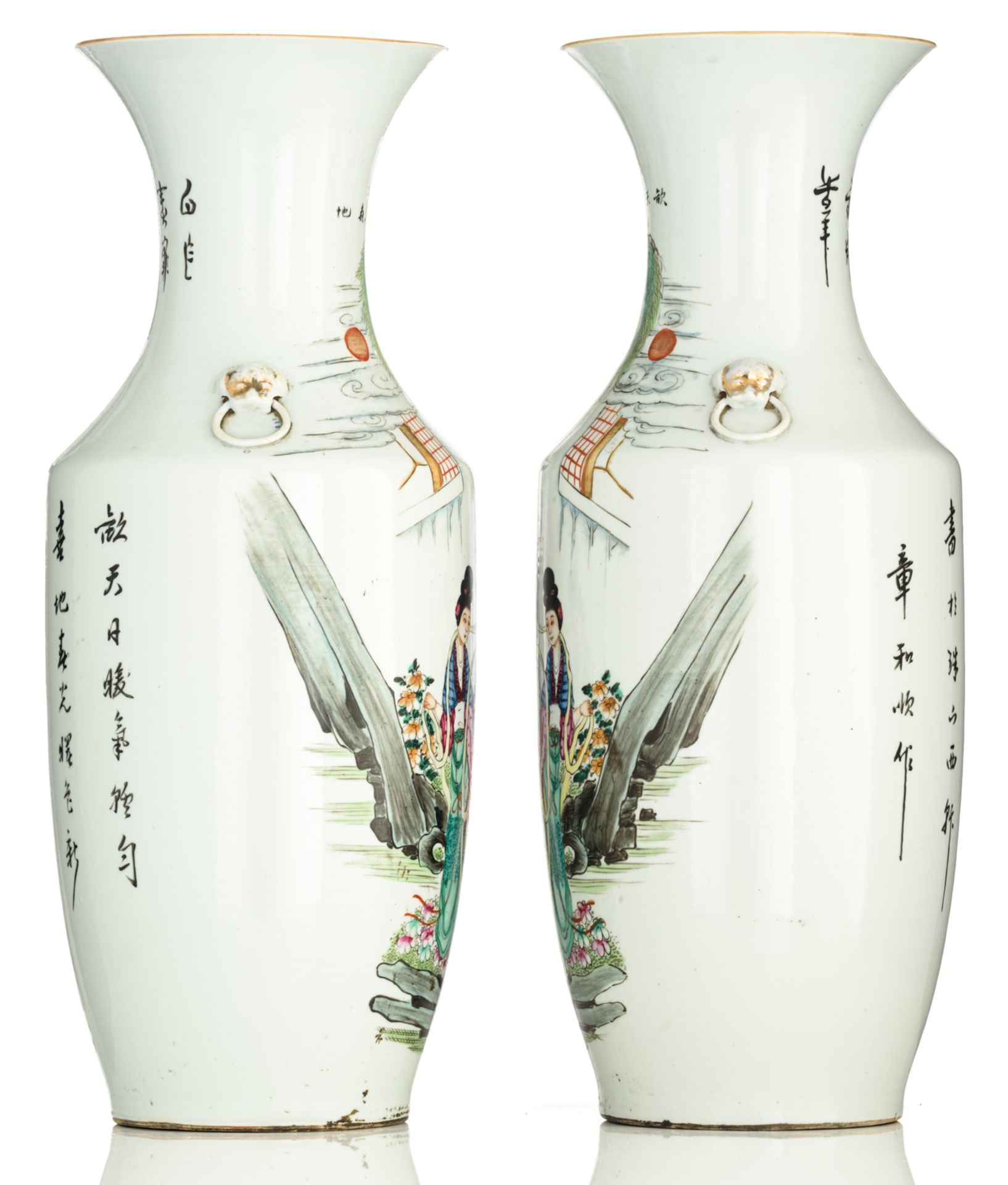 A pair of Chinese famille rose vases, decorated with an animated scene, 19thC, H 57,5 cm - Bild 2 aus 6