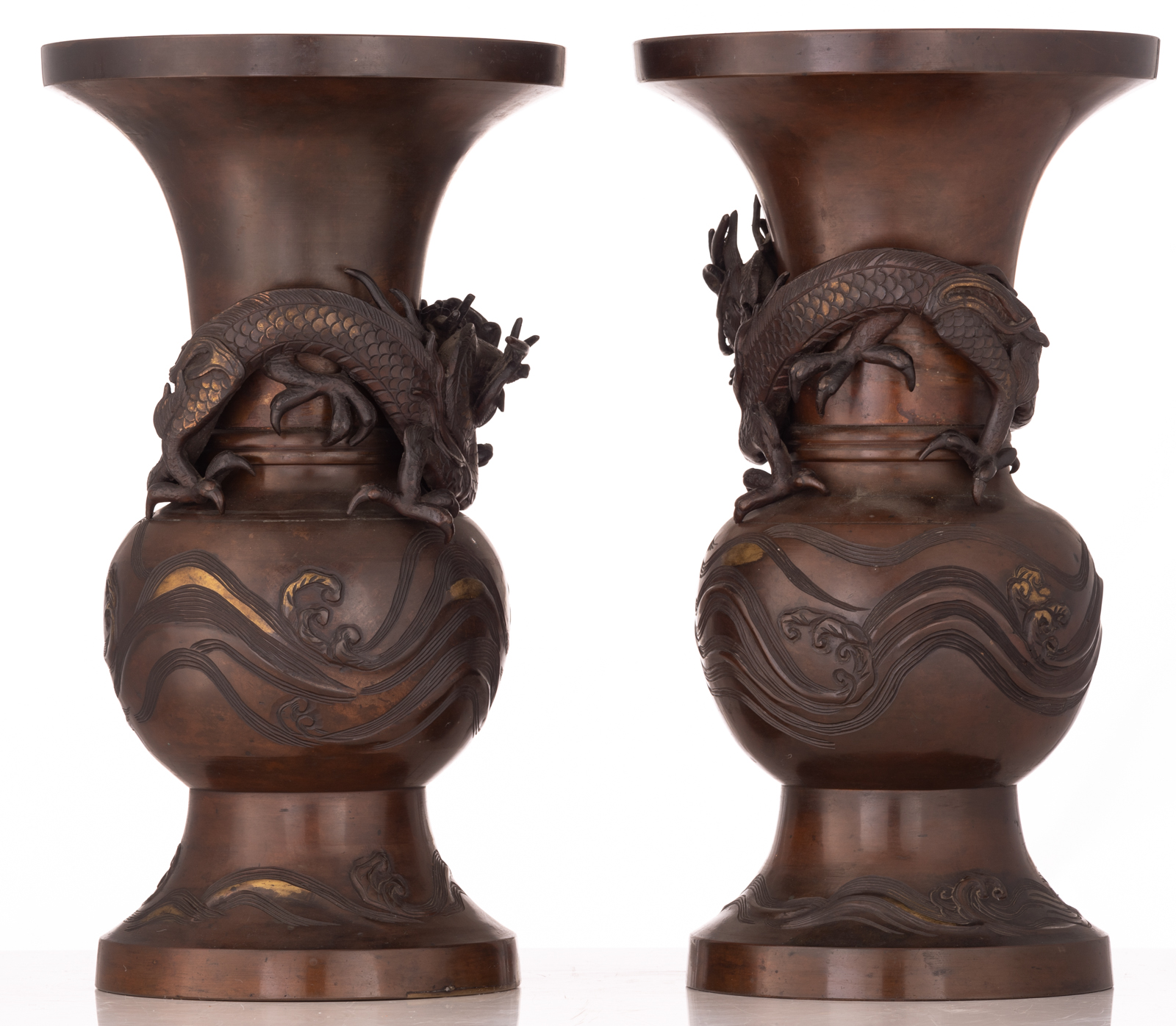 A pair of Oriental bronze vases, relief decorated with a dragon, turning around the neck, H 46 cm - Image 2 of 6