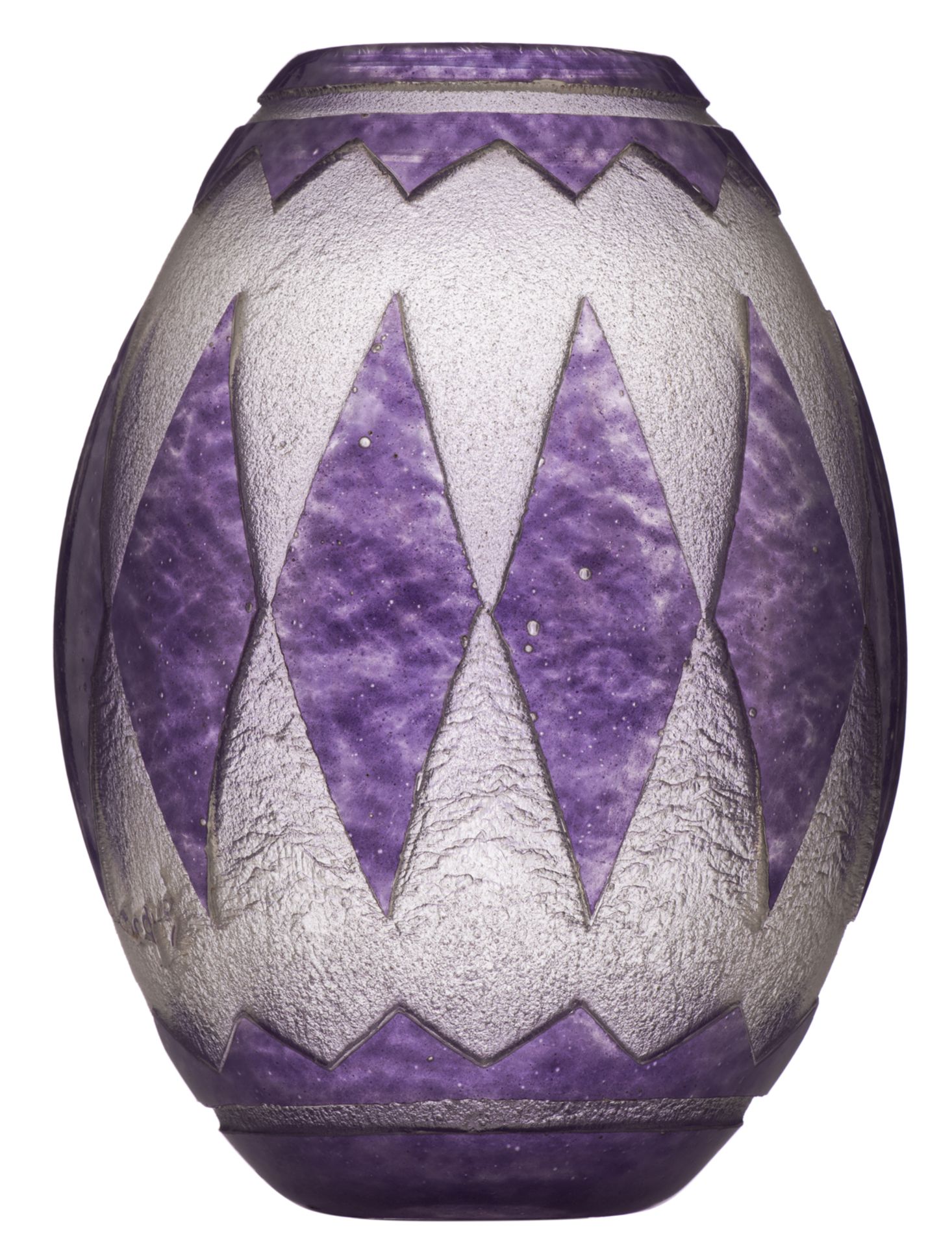 An Art Deco vase by David Gueron Degue, layered glass decorated with purple leaves, H 38 cm