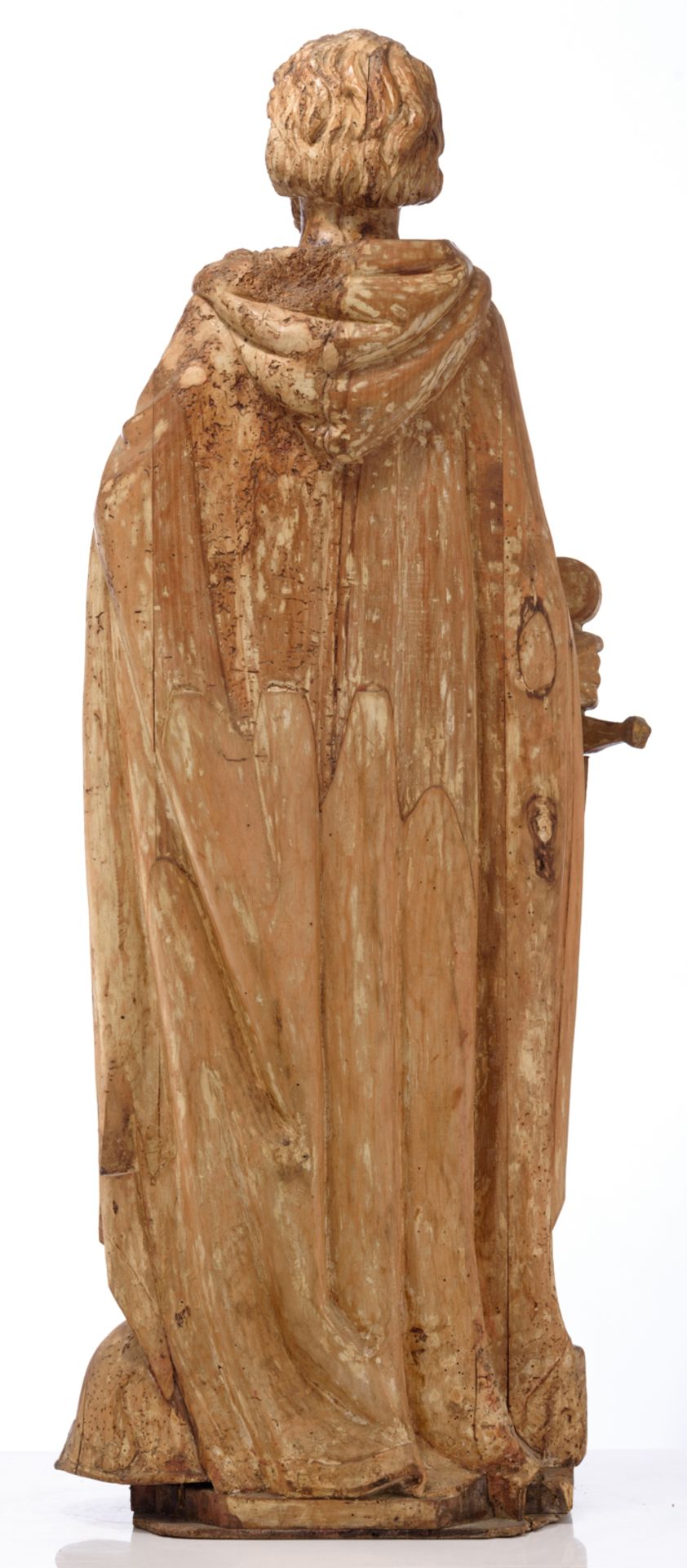 A large limewood sculpture of a Roman warrior, with traces of polychrome paint, 17thC, H 125 cm - Image 3 of 4