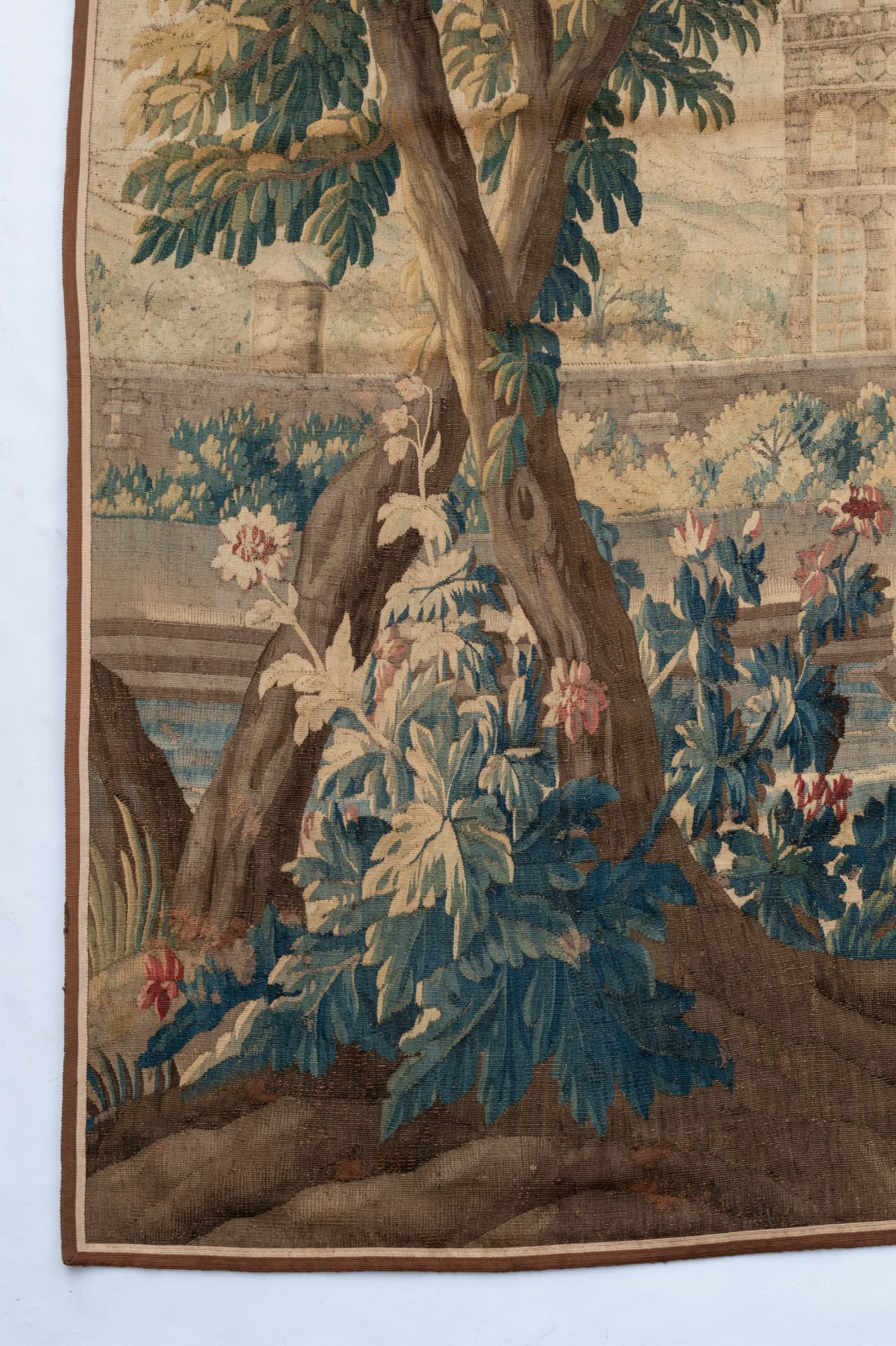 A large verdure wall tapestry, decorated with flamingos in Renaissance garden setting, wool and silk - Image 5 of 8