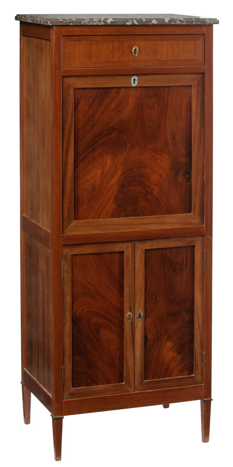 A slender mahogany veneered fall front desk with Neoclassical gilt bronze escutcheons and a gris Sai