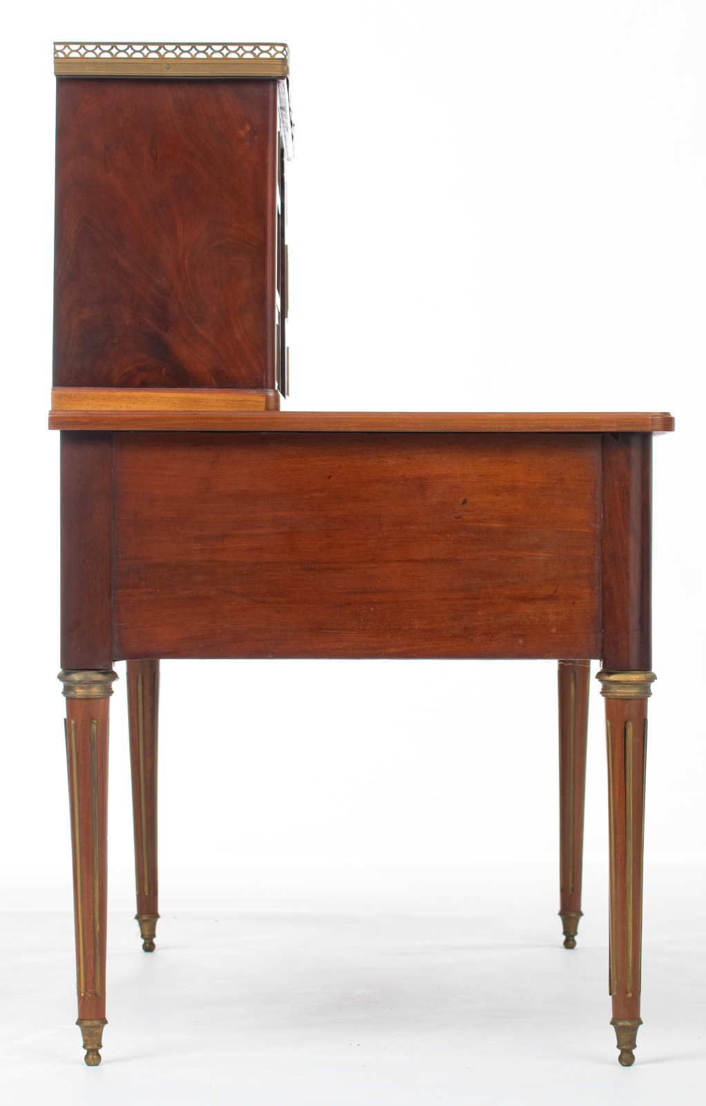 A Louis XVI style mahogany and rosewood 'bureau à gradin' with brass mounts and inlay banding, leath - Image 5 of 6