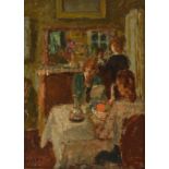 Cosson M., a domestic scene in a bourgeois interior, oil on panel, 25,3 x 33 cm, the reverse painted