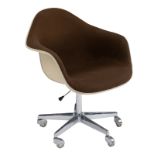 A 'PACC' office chair, brown hopsack on a white fibreglass shell, design by Eames for Herman Miller,