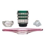 A collection of Val-Saint-Lambert crystal cut items, consisting of a green overlay vase, a signed cr