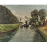 Wallet T., a river view with boats, oil on canvas, with a label on the back of the 'Société Royale d