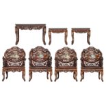 A fine Chinese exotic hardwood salon set, consisting of four armchairs, one coffee table and two sid