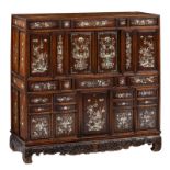 A low Chinese mother-of-pearl inlaid cabinet, 19thC, H 107 - W 107 - D 42 cm