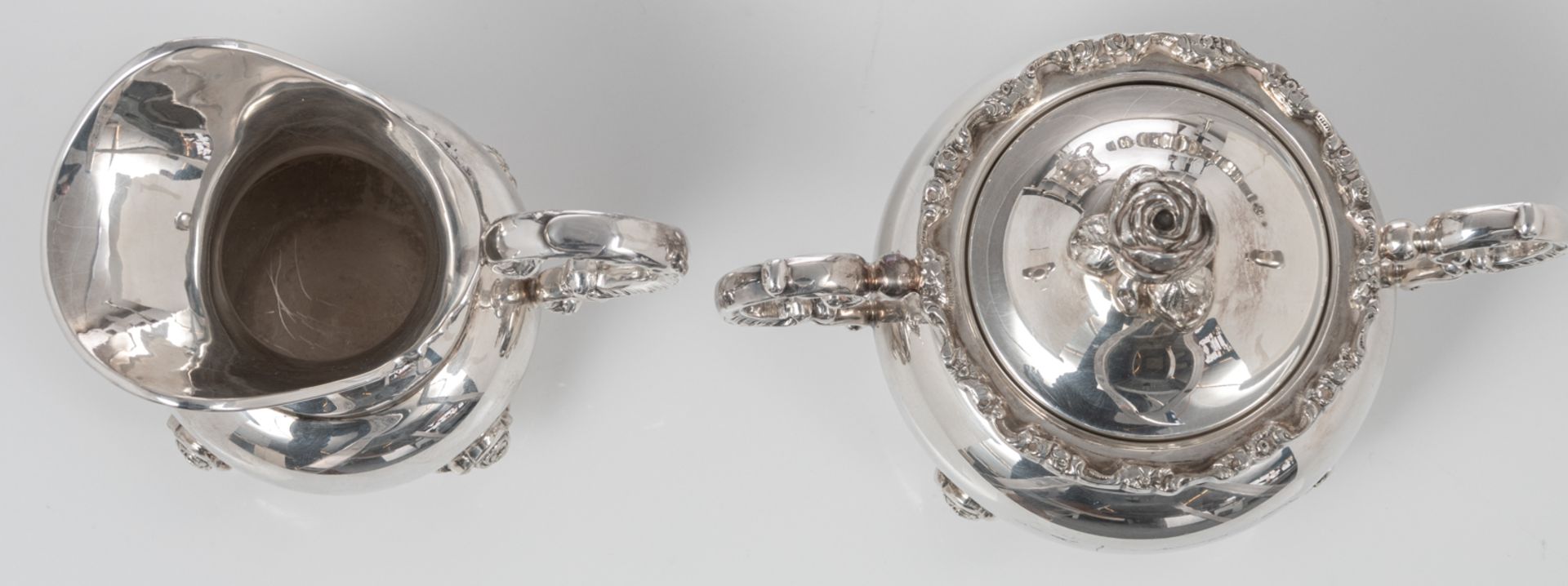 A silver plated five-piece coffee and tea set, decorated with flower-shaped knobs', probably German, - Bild 20 aus 27