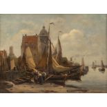 Timmermans (Louis Etienne), a Dutch harbour view with fishermen, oil on canvas, 45 x 61 cm