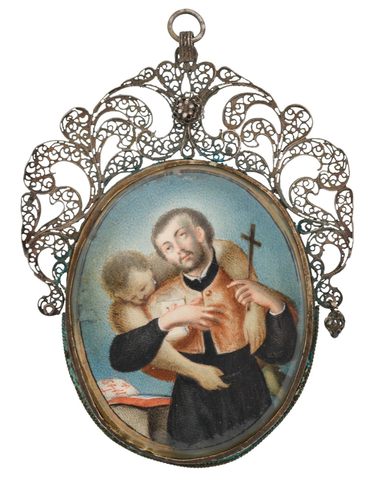 An 18thC recto-verso oval-shaped devotional miniature medallion, portraying on the recto a Saint (th