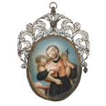 An 18thC recto-verso oval-shaped devotional miniature medallion, portraying on the recto a Saint (th