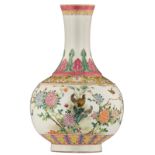 A Chinese famille rose bottle vase, decorated with birds and flowers, with a Jiaqing seal mark, H 37