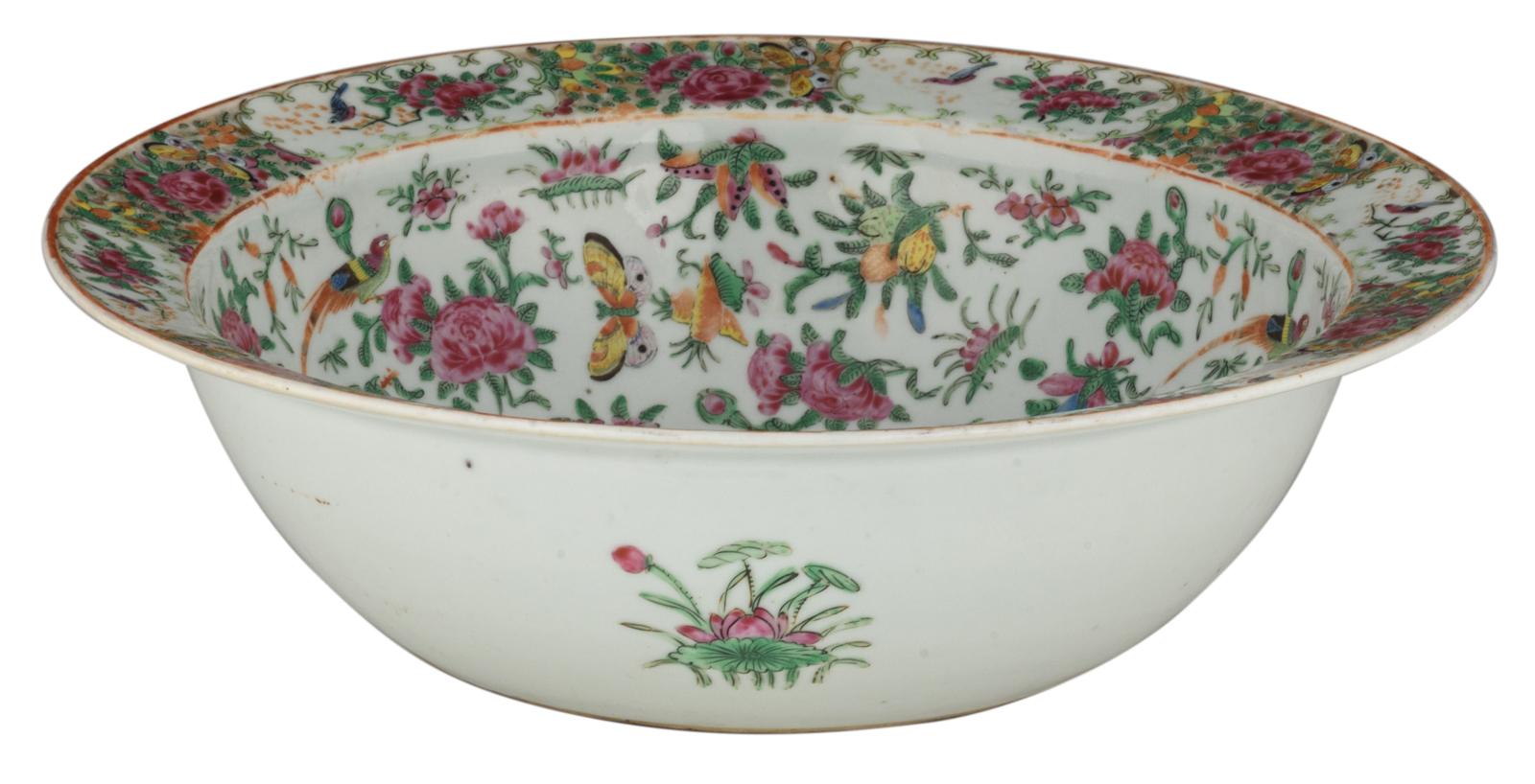 A Chinese famille rose Canton bowl, decorated with flowers, fruits, birds and butterflies, 19thC, H