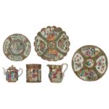 Various Chinese Canton and famille verte porcelain, a pot and cover, a jug, a deep dish with lobed r