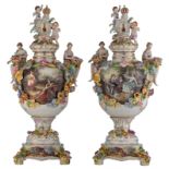 A pair of Saxony porcelain vases and covers, decorated with transfer printed gallant scenes and all-