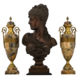 Clère P., 'Eglantier', patinated bronze bust on a noir Belge marble base, H 48 - 49 cm (with base);