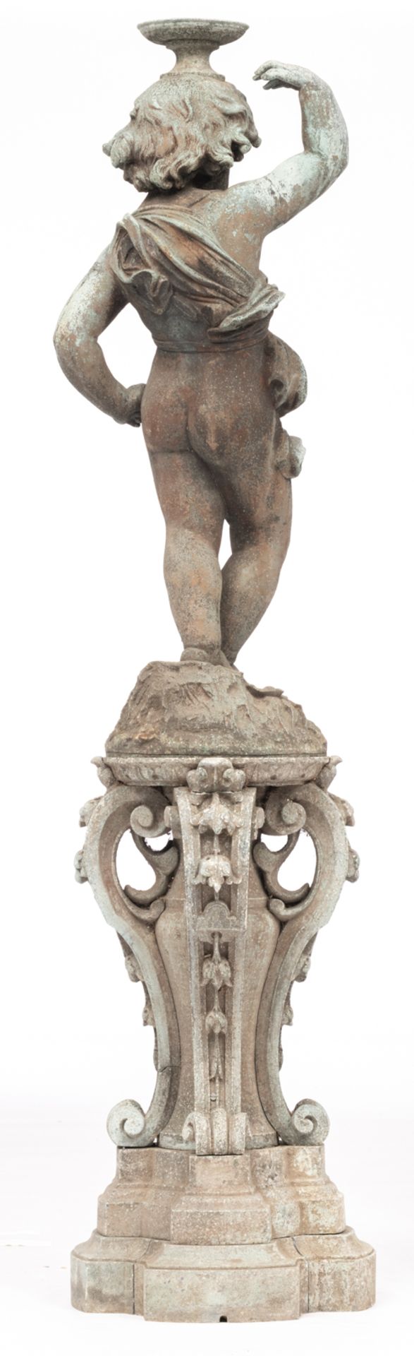 A large patinated zinc fountain statue of a putto, H 172,5 cm - Image 2 of 2