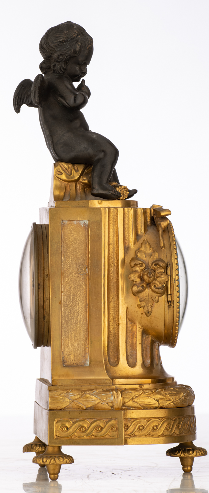 A French column-shaped gilt bronze mantle clock, with a patinated bronze amor on top, the dial marke - Image 4 of 10