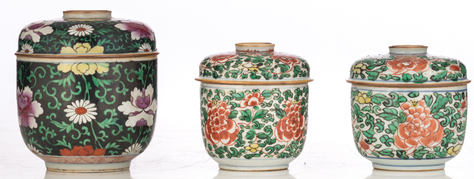 Five Chinese polychrome dishes; added three ditto pots and covers, 18th/19thC, H 10 - 13 - ø 21,5 - - Image 2 of 12