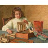 Van den Eenden N., a girl playing with wooden toy blocks, oil on canvas, 70 x 85 cm