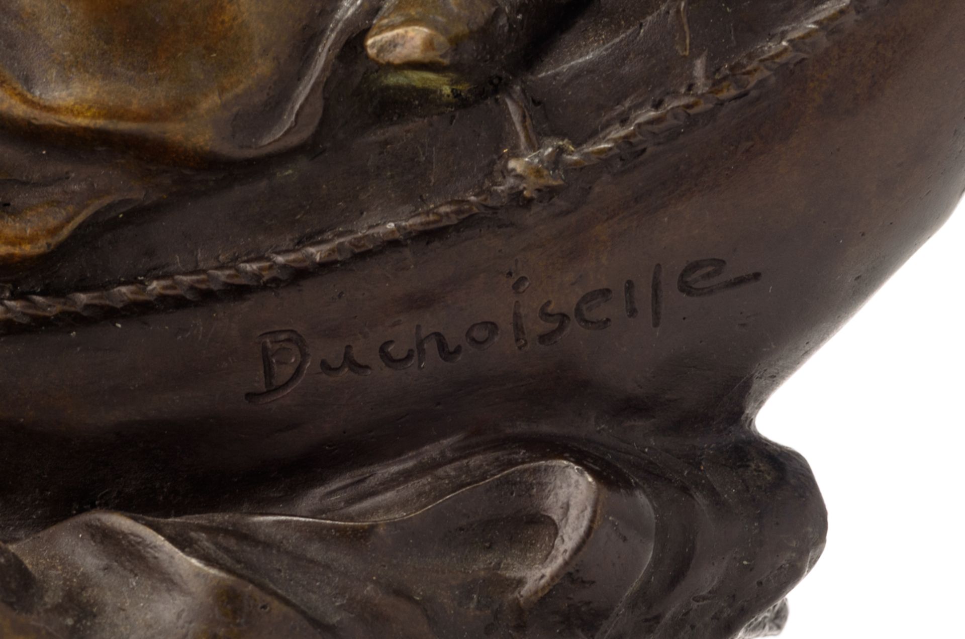 Duchoiselle, a hunting Indian on a canoe, patinated bronze on a noir Belge marble base, H 27,5 - 30, - Bild 7 aus 7