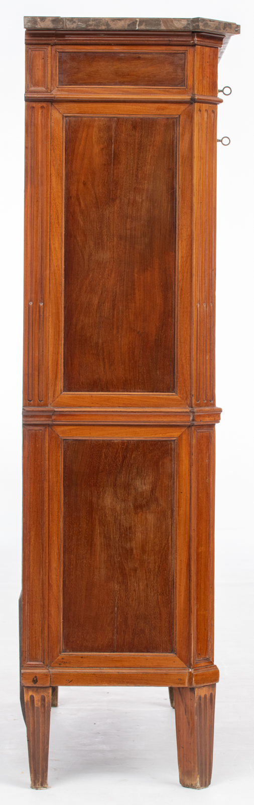 A Louis XVI walnut fall front desk, with gilt bronze mounts and a marble top, the inside with four e - Image 5 of 7