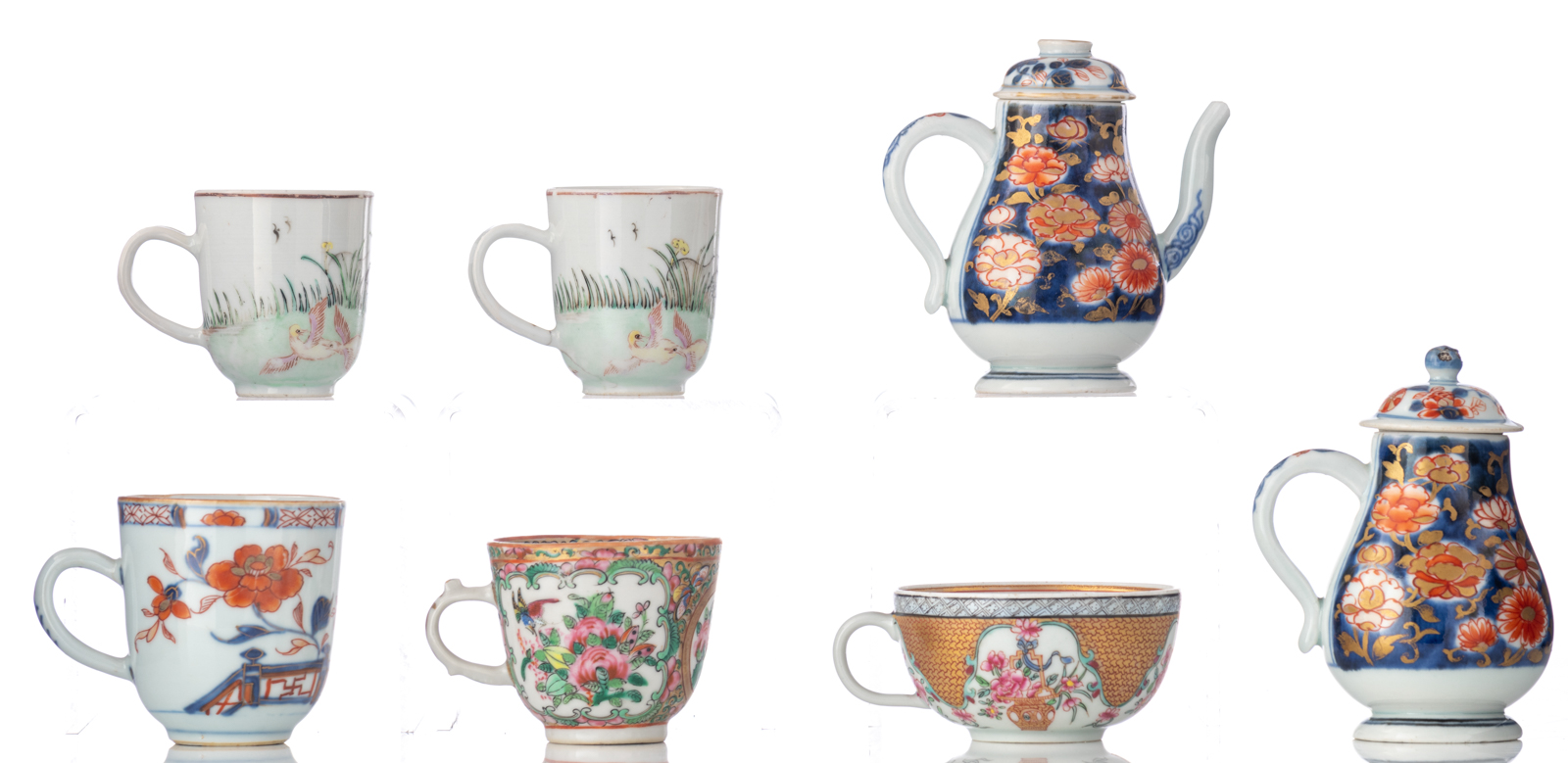 Various famille rose, blue and white, polychrome and Imari cups and saucers, two teapots and covers, - Image 8 of 25