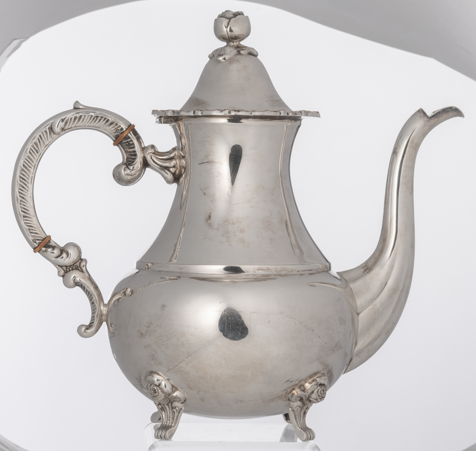 A silver plated five-piece coffee and tea set, decorated with flower-shaped knobs', probably German, - Image 6 of 27