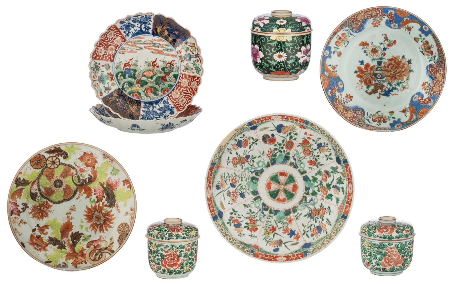 Five Chinese polychrome dishes; added three ditto pots and covers, 18th/19thC, H 10 - 13 - ø 21,5 -