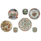 Five Chinese polychrome dishes; added three ditto pots and covers, 18th/19thC, H 10 - 13 - ø 21,5 -