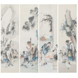 Four Chinese scrolls depicting scholars or philosophers with their disciples, Republic period, water