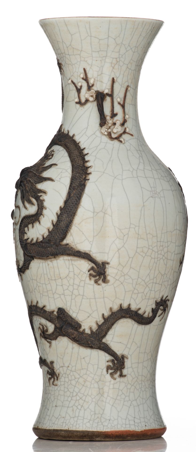 A Chinese relief crackleware vase, decorated with a crane and two dragons, chasing the flaming pearl - Bild 2 aus 7