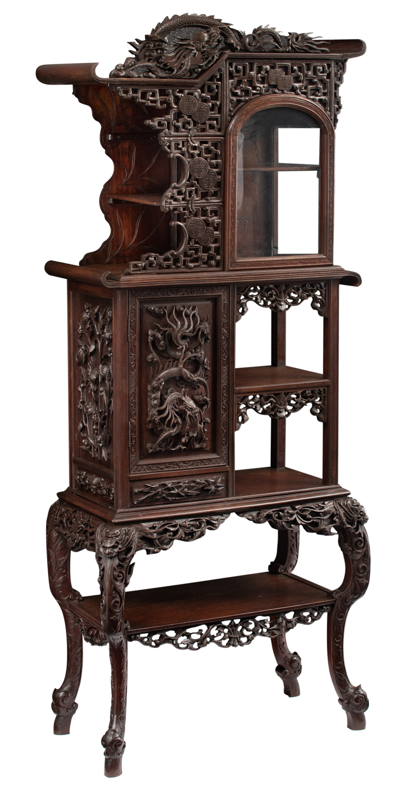 A Chinese exotic hardwood display cabinet, finely sculpted with floral decoration and dragons, H 173