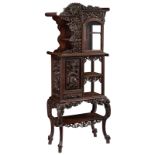 A Chinese exotic hardwood display cabinet, finely sculpted with floral decoration and dragons, H 173