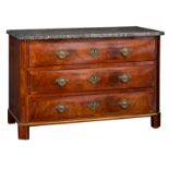 A Louis XVI mahogany chest of drawers, with brass mounts and a gris Sainte Anne marble top, 18thC, H