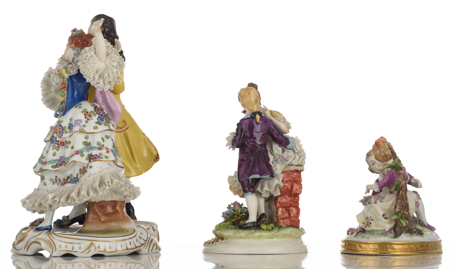 A collection of four polychrome painted Saxony figure groups, consisting of: a piano playing lady an - Image 9 of 15