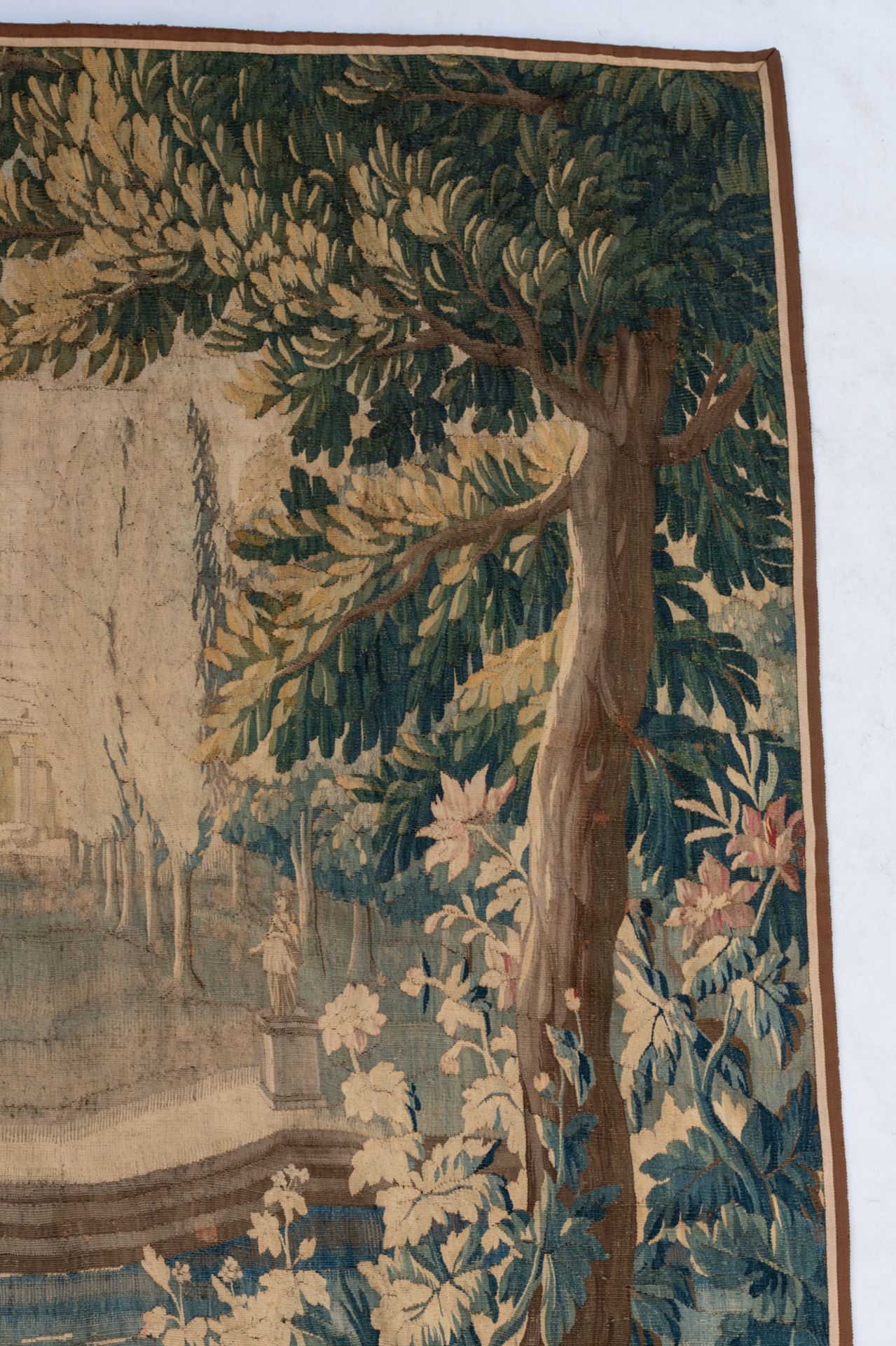 A large verdure wall tapestry, decorated with flamingos in Renaissance garden setting, wool and silk - Image 8 of 8