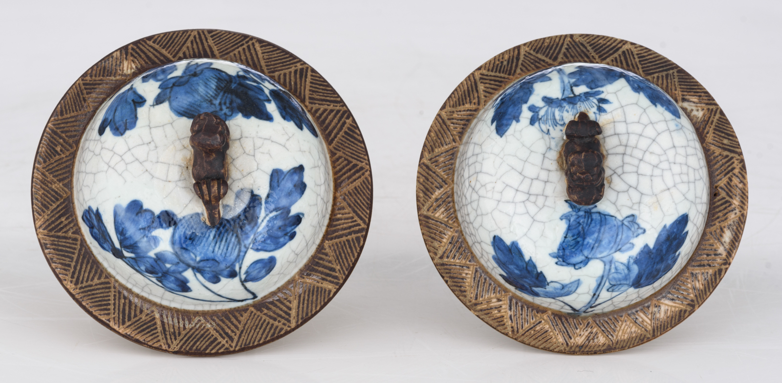 A pair of Chinese blue and white stoneware vases and covers, decorated with flowers and birds, marke - Image 9 of 10