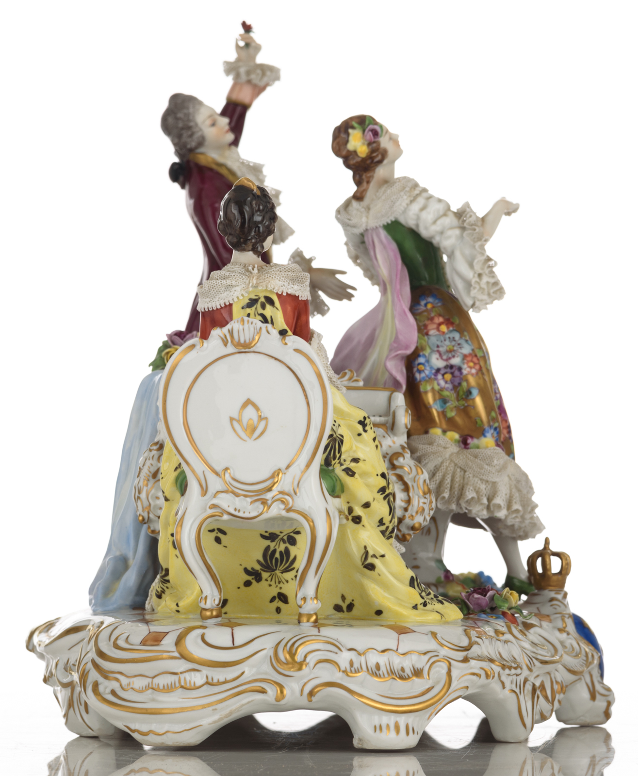 A collection of four polychrome painted Saxony figure groups, consisting of: a piano playing lady an - Image 5 of 15