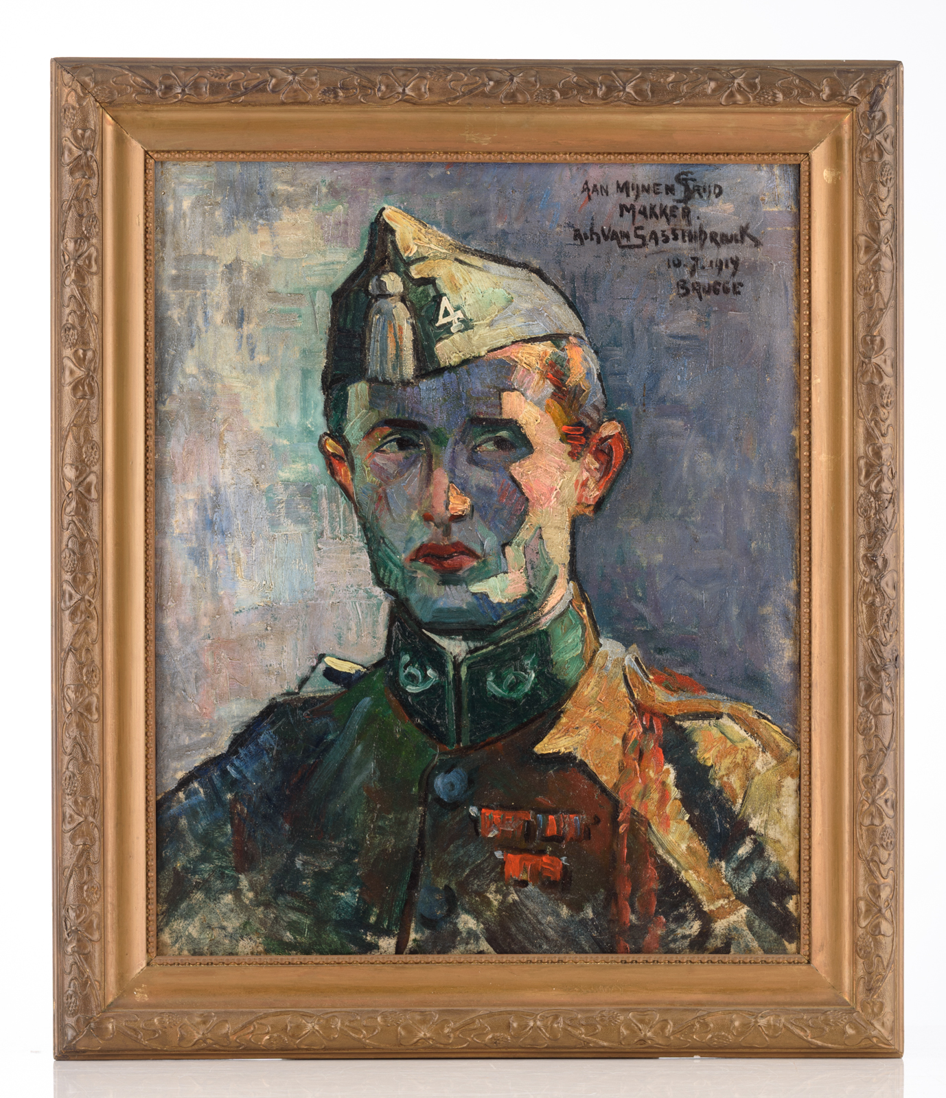 Van Sassenbrouck, the portrait of a young soldier, with the inscription: 'Aan mijnen strijdmakker, 1 - Image 2 of 4