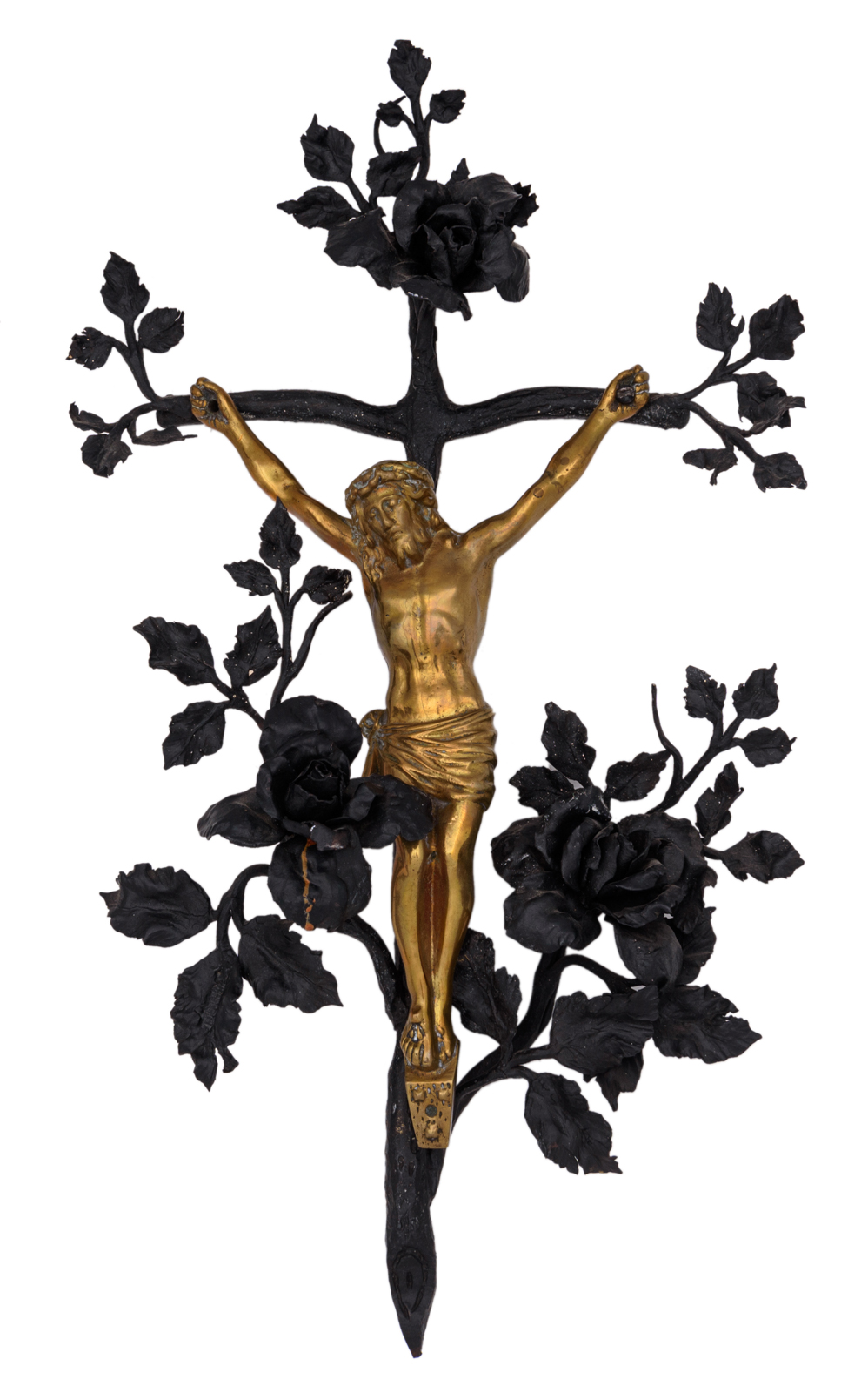 Van Boeckel L., a polished bronze corpus on a wrought iron crucifix with flower decoration, H 80 - W