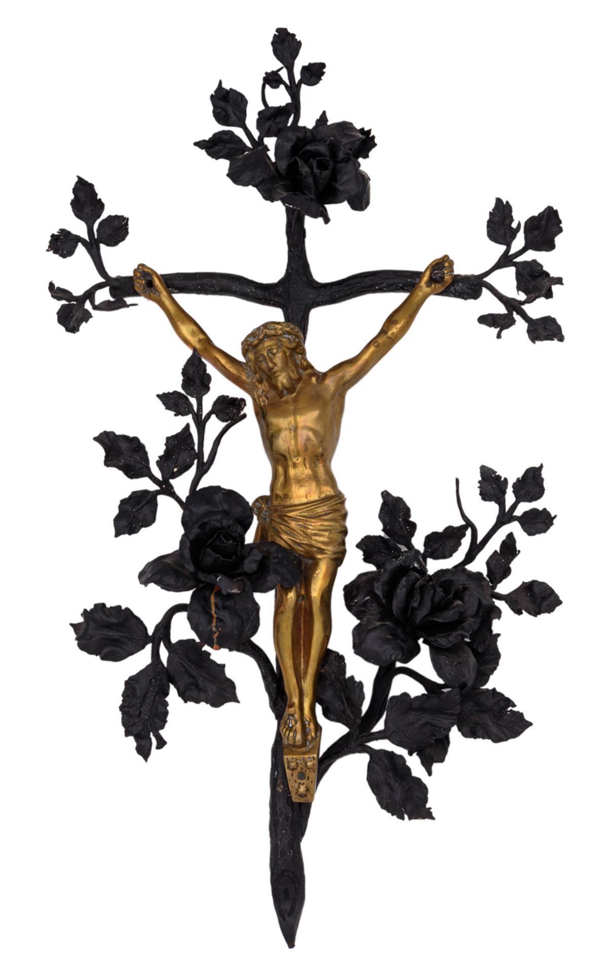 Van Boeckel L., a polished bronze corpus on a wrought iron crucifix with flower decoration, H 80 - W