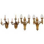 A pair of gilt bronze Baroque Revival wall lamps, H 47 - W 41 cm; added a matching pair of Neoclassi