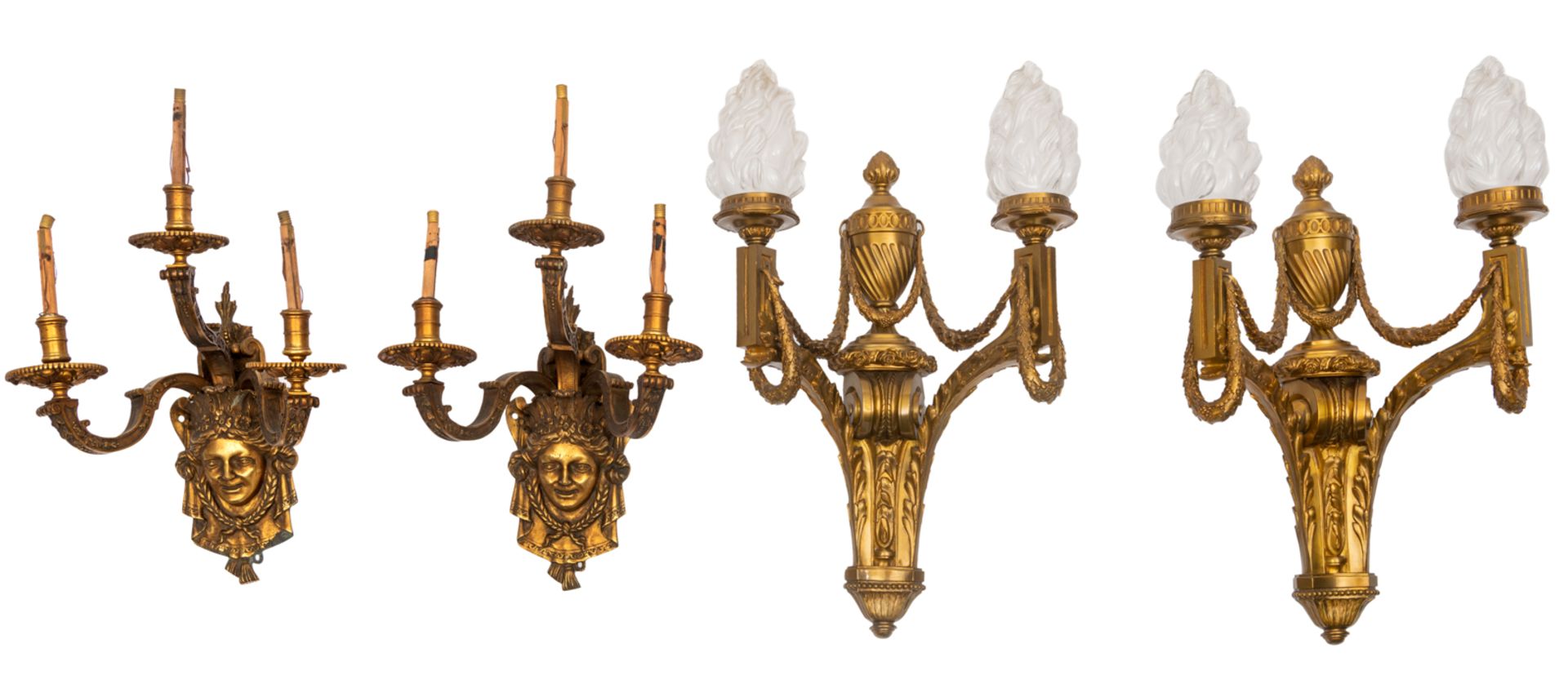 A pair of gilt bronze Baroque Revival wall lamps, H 47 - W 41 cm; added a matching pair of Neoclassi