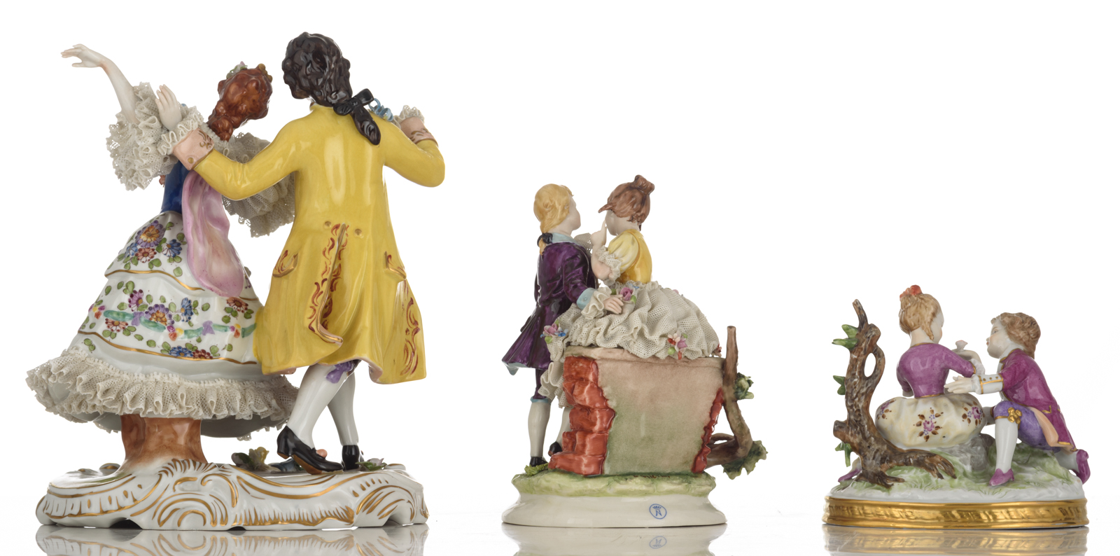 A collection of four polychrome painted Saxony figure groups, consisting of: a piano playing lady an - Image 10 of 15