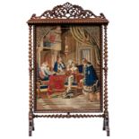 A rosewood and mahogany late Dutch Biedermeier needlepoint pole screen (gros-point and petit-point),