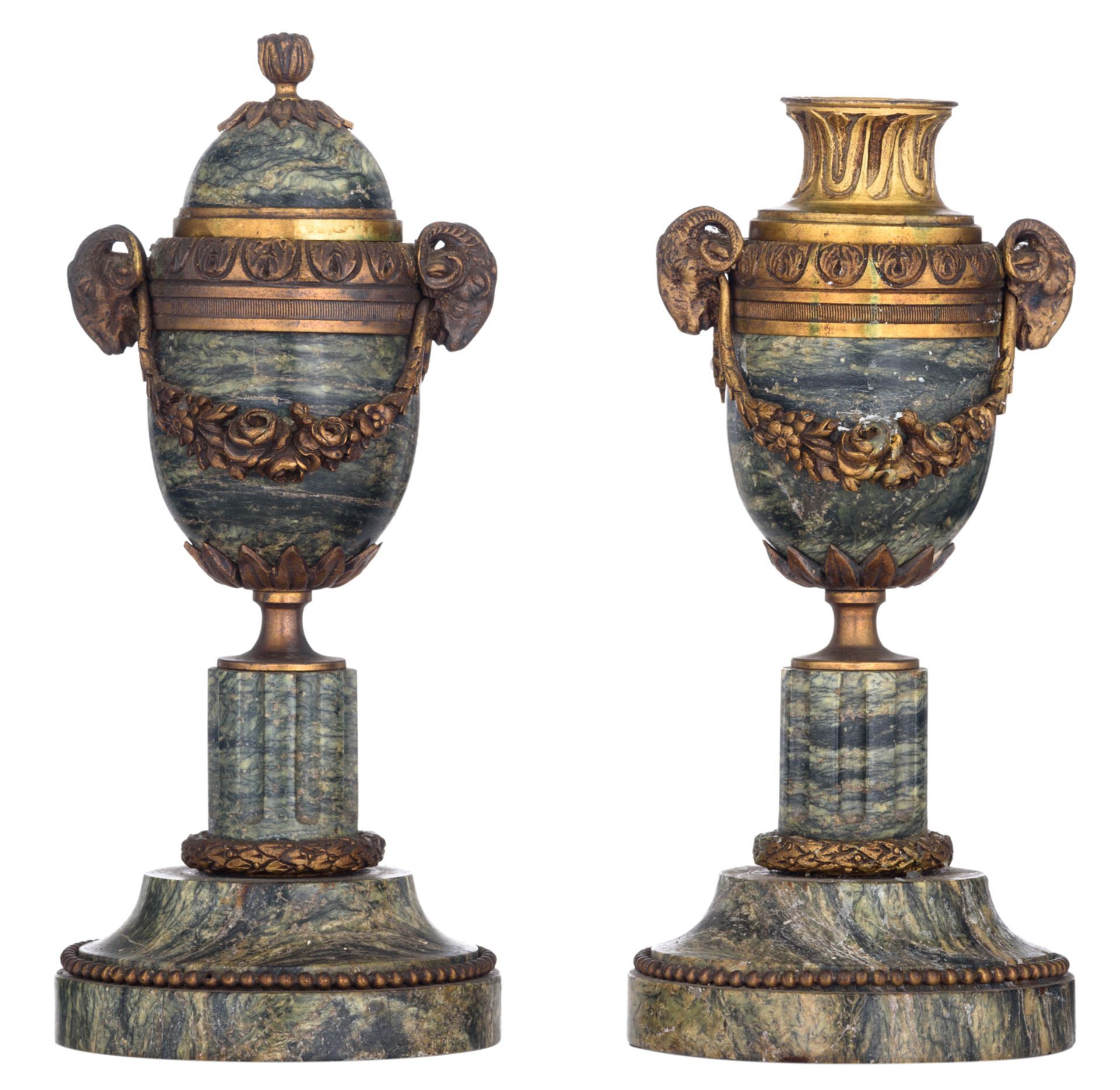 A fine pair of Neoclassical vert de mer marble cassolettes, with gilt bronze mounts, transformable i